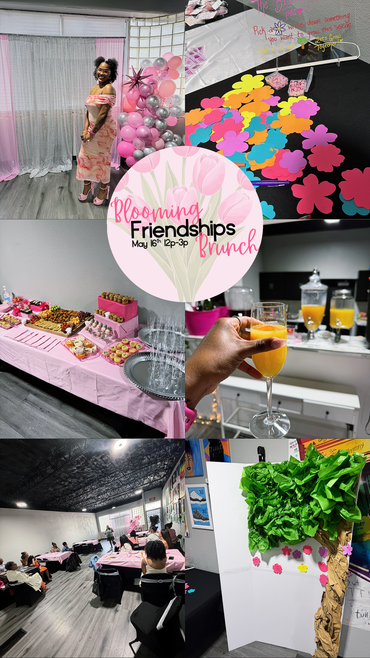 Scenes from Blooming Friendships Brunch including decor, food, and guests